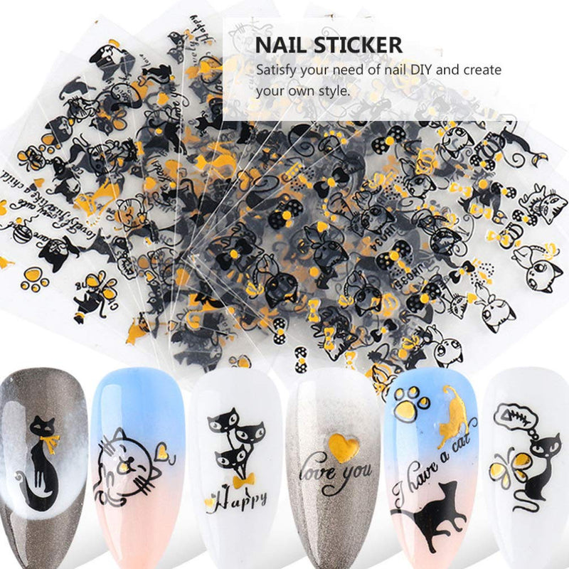 LEORX 16 Sheets Cat Nail Sticker 3D Black and Gold Cat Nail Decals Self-Adhesive Nail Art Decoration for Ladies (Random Style) - BeesActive Australia