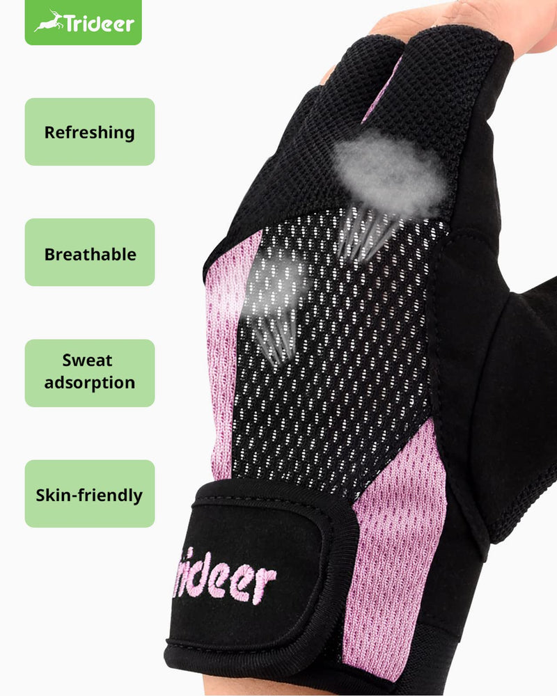 Trideer Workout Gloves for Women, Lightweight & Breathable Fingerless Weight Lifting Gloves Female, Padded Gym Gloves with Wrist Wrap, Exercise Accessories for Weight Training Pink Small (6.3-7.1 in) - BeesActive Australia