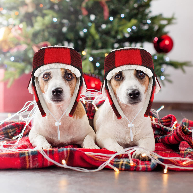 2 Pieces Christmas Dog Hats with Earmuffs Pets Adjustable Warm Trapper Hat Winter Adjustable Pet Red Plaid Pet Hat Xmas Dog Headwear for Small Dogs - BeesActive Australia