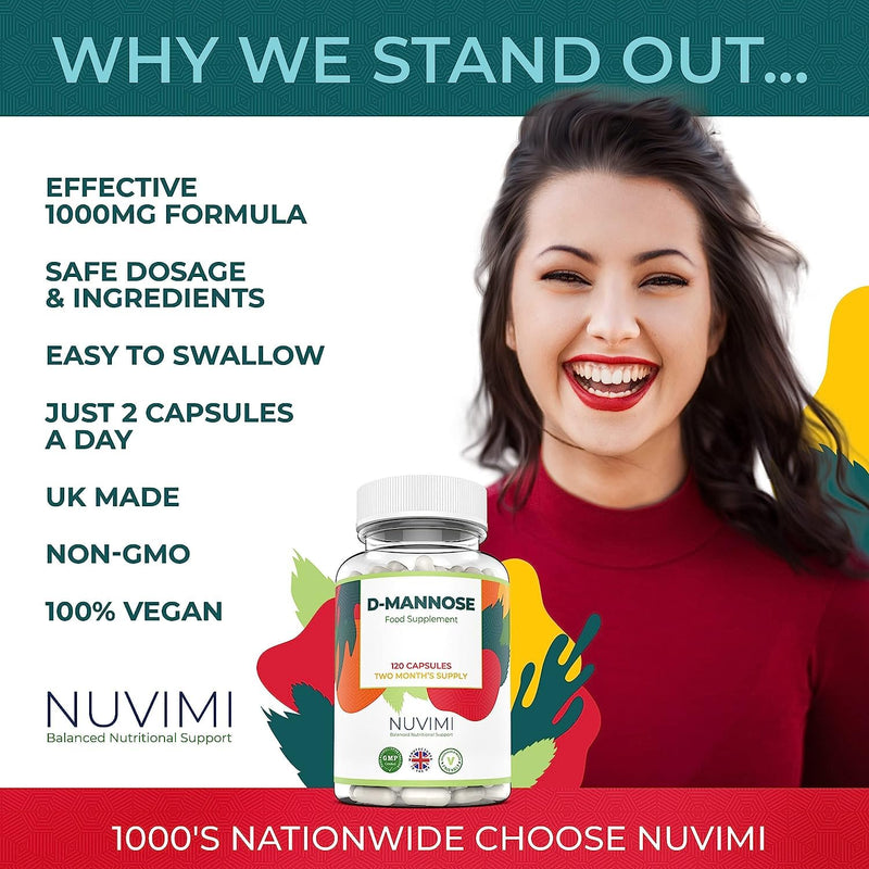 D Mannose 120 Capsules, 1000 mg per Dose, Promotes Urinary Tract Health, Natural Vegan UTI Defence by NUVIMI® - BeesActive Australia