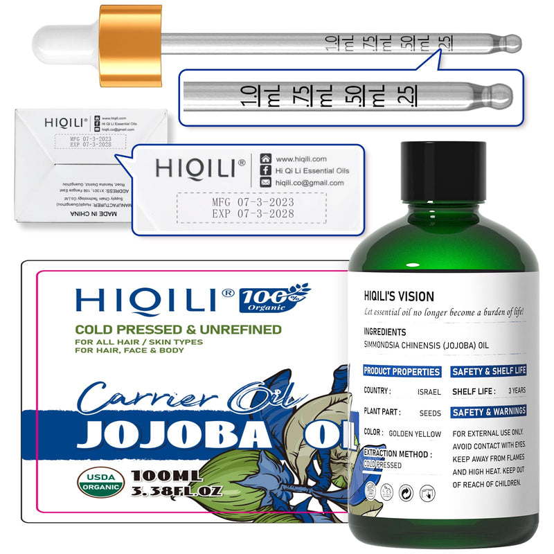 HIQILI Jojoba Oil Organic, Cold Pressed Unrefined Jojoba Carrier Oil Perfect for Skin, Hair Growth, Nails, Massage, Body Care -3.38 Fl Oz - BeesActive Australia