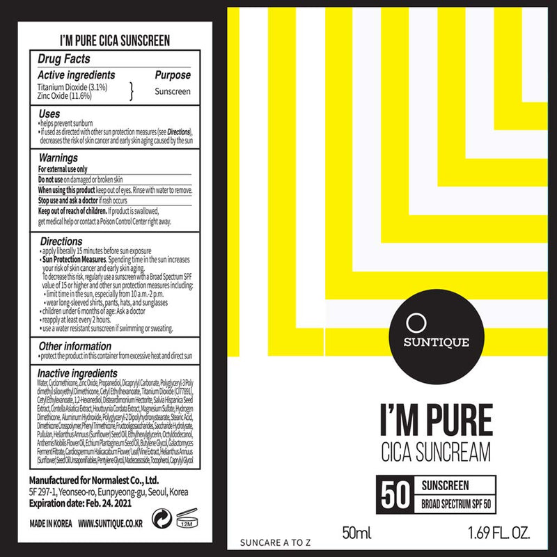 Suntique I’m Pure Cica Suncream, Sunscreen For Sensitive Skin, SPF 50+, 1.69 fl.oz. - BeesActive Australia