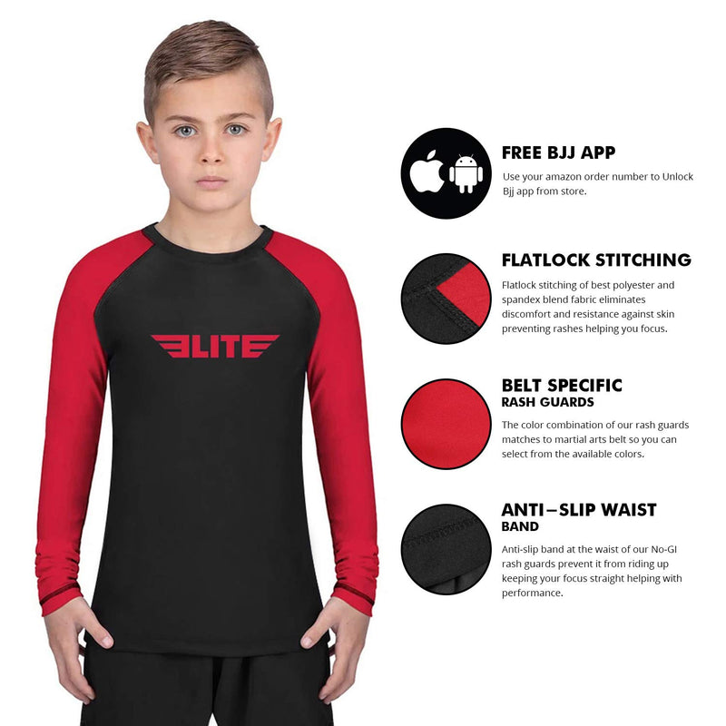 [AUSTRALIA] - Elite Sports Rash Guards for Boys and Girls, Full Sleeve Compression BJJ Kids and Youth Rash Guard Red Small 