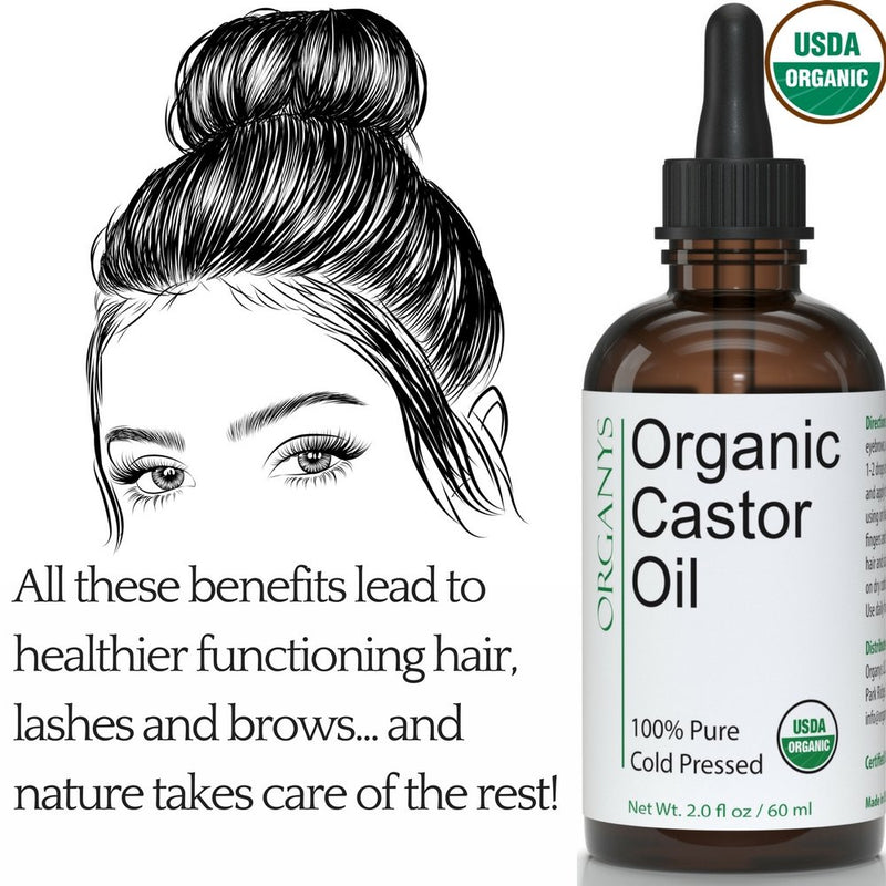 Organic Castor Oil 2oz, For Longer Fuller Thicker Looking Hair Eyelashes & Eyebrows by Organys. Enhances The Appearance Of Natural Lash & Brow Growth. Serum Comes With Eyeliner & Mascara Brushes - BeesActive Australia