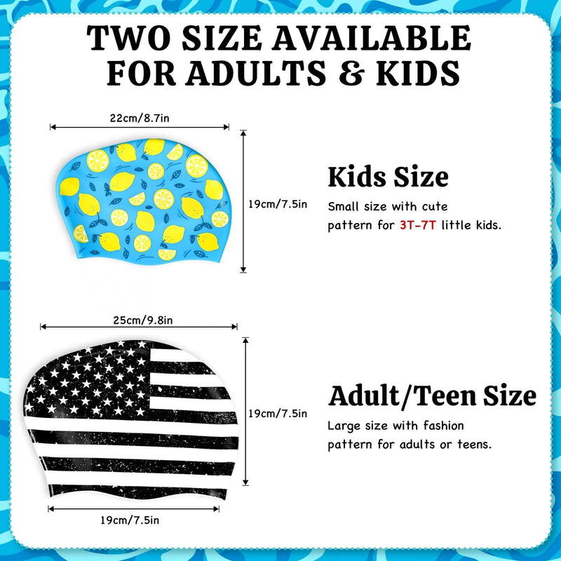 Swim Cap for Long/Short Hair, Adult/Kids Fashion Cute Design Printed Swimming Caps, Waterproof Silicone Bathing Shower Cap for Men Women Boys Girls, High Elastic Swim Hat with Ear Plugs Nose Clip Pattern-A3 Adult/Teen - BeesActive Australia