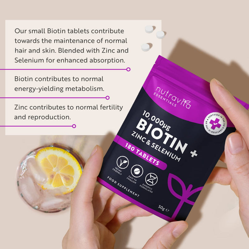 Biotin Hair Growth Supplement 10,000mcg - 180 Vegan High Strength Biotin Tablets Enhanced with Zinc & Selenium - Hair and Nails Vitamins for Women & Men - Supports Hair, Skin & Nail Growth - Nutravita - BeesActive Australia