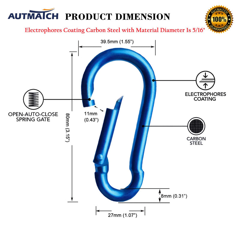 AUTMATCH 3" Metal Steel Spring Snap Hook Carabiner Link Buckle Pack Grade Heavy Duty Quick Link for Camping Fishing Hiking Traveling Pack of 3 and Silver or Black M8 - 5/16" (8 X 80mm) Carbon Steel - Blue - BeesActive Australia