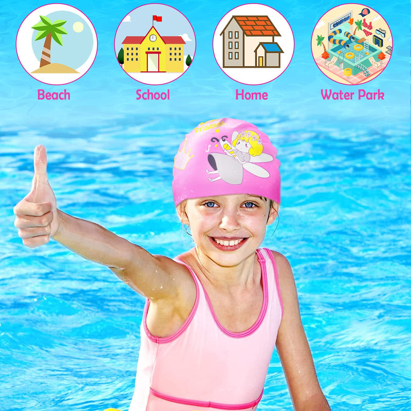 KFFPET 2 Pack Kids Swim Cap (Age 4-12), Durable Waterproof Silicone Swimming Cap for Kids Long Hair Short Hair, Children Cartoon Swimming Hat for Boys Girls purple & pink - BeesActive Australia