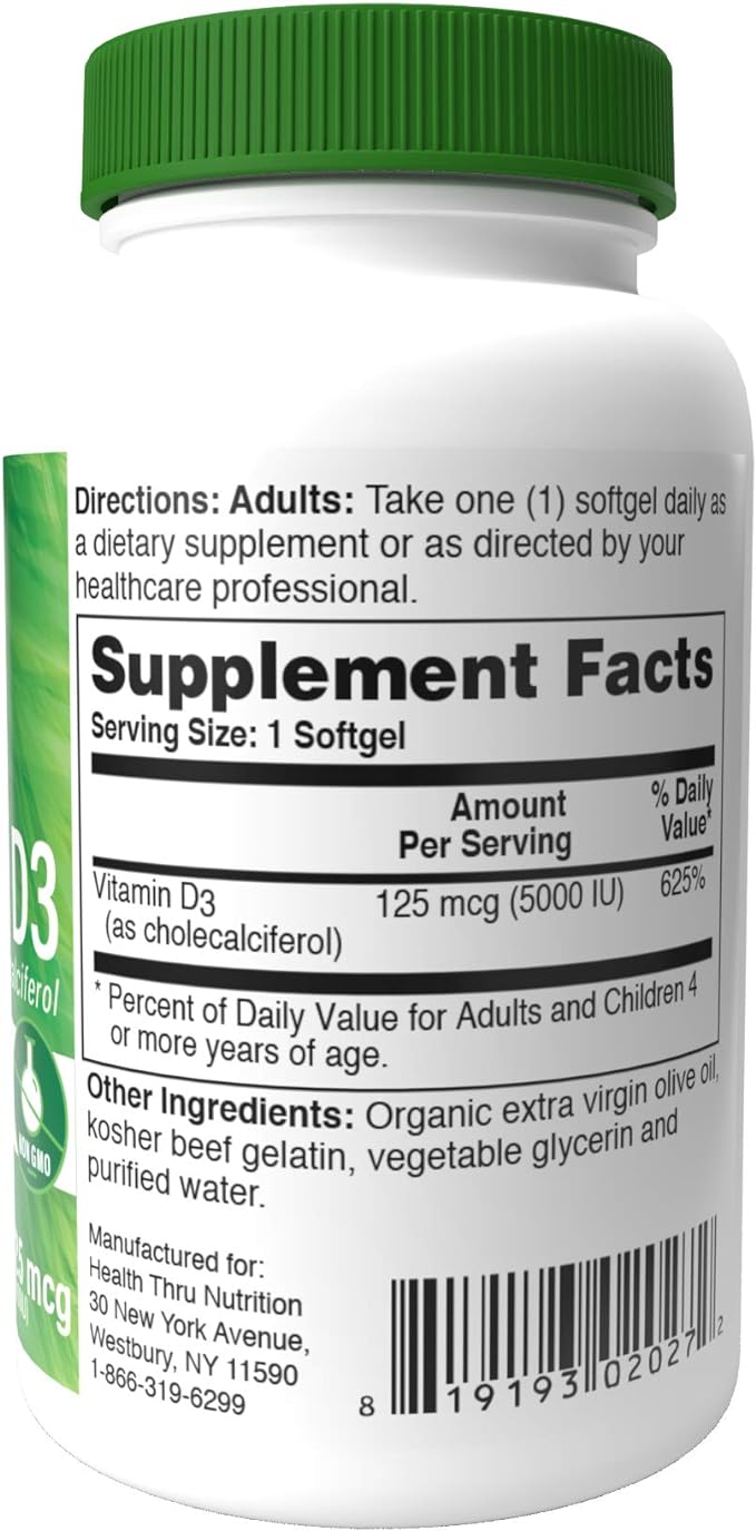 Health Thru Nutrition High Potency Vitamin D3 5000 Iu/ 100 Softgels - BeesActive Australia