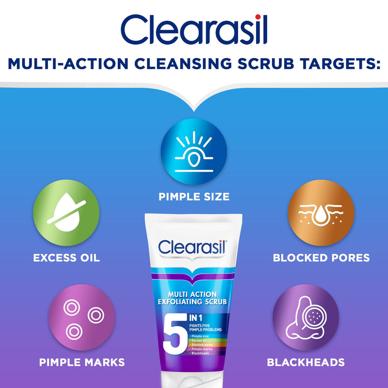 Clearasil 5 in 1 Exfoliating Scrub, For Acne Prone Skin, Unclog Pores, Reduces Blackheads, Pimples and Excess Oil, Everyday Spots Prevention, 150 ml - BeesActive Australia