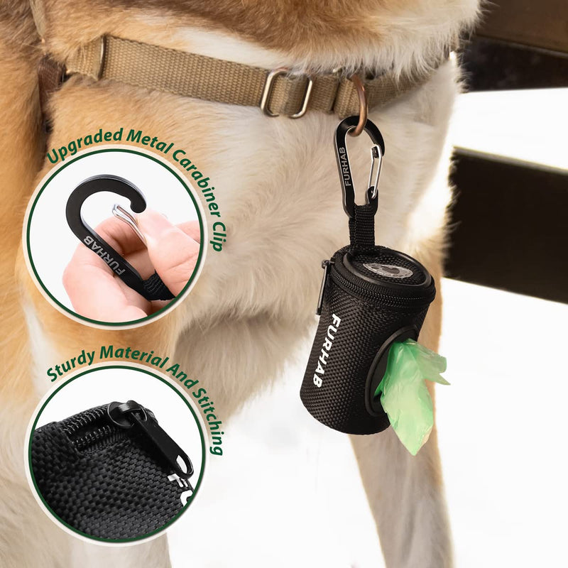 FURHAB Dog Poop Bag Holder Doggie Waste Bag Dispenser for Leash 1680D Nylon Oxford Small Zipper Pouch with Carabiner Clip for Belt Bone-Shaped Opening Portable Set with 1 Roll of Pet Trash Bags, Black - BeesActive Australia
