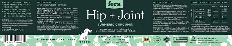 Hip + Joint Dog Supplement, Joint Support for Dogs with Glucosamine Chondroitin and MSM, Joint Care and Health Support Chewy Dog Treats, 90 Soft Chews - Fera Pet - BeesActive Australia