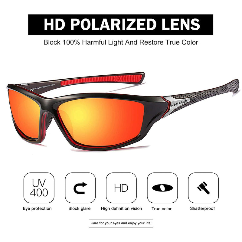 Sports Polarized Sunglasses For Men Cycling Driving Fishing 100% UV Protection A1 Black Red Frame/Red Mirrored Lens - BeesActive Australia