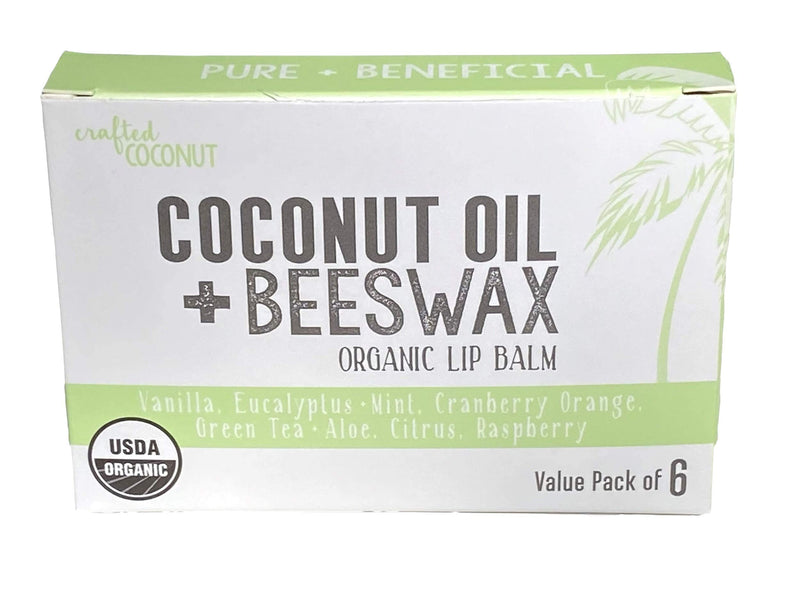 USDA Organic Coconut Oil + Beeswax Lip Balm with Vitamin E from The Crafted Coconut | 100% Natural Chapstick to Moisturize Dry and Chapped Lips | Great for Kids | Variety Pack of 6 Assorted Flavors - BeesActive Australia