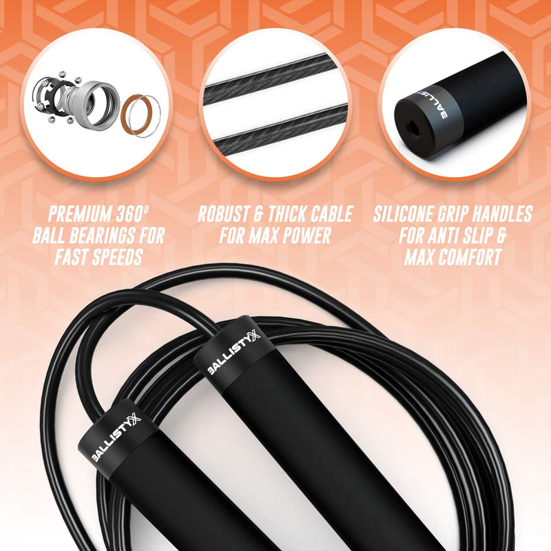 Ballistyx Jump Rope - Premium Speed Jump Rope with 360 Degree Spin, Steel Handles, Silicone Grips and 2 x Adjustable Cables - for Crossfit, Gym & Home Fitness Workouts & More Carbon Black - BeesActive Australia