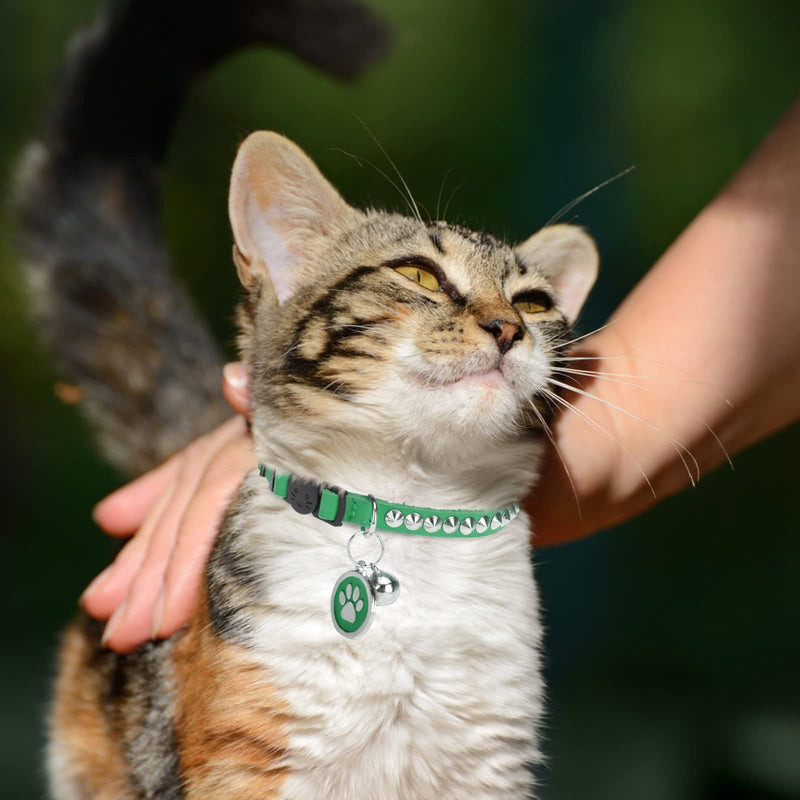 DILLYBUD Leather Personalized Breakaway Cat Collar with Studded Bell and Safety Quick Release Buckle - Rivets Studded ID DIY Collars for Boy Girl Cats Kittens Green Genuine Leather - BeesActive Australia