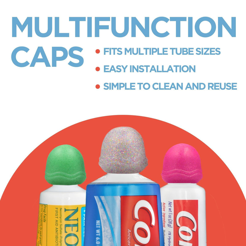 Toothpaste Caps 6 Pack, SqueezMe by Chrome Cherry, Self-Closing, Silicone Caps, Mess-Free Toothpaste Dispenser Squeezer Lids for Kids, Adults, Bathroom Accessories for Tooth and Gum Health (Glitter) 6-pack Glitter - BeesActive Australia