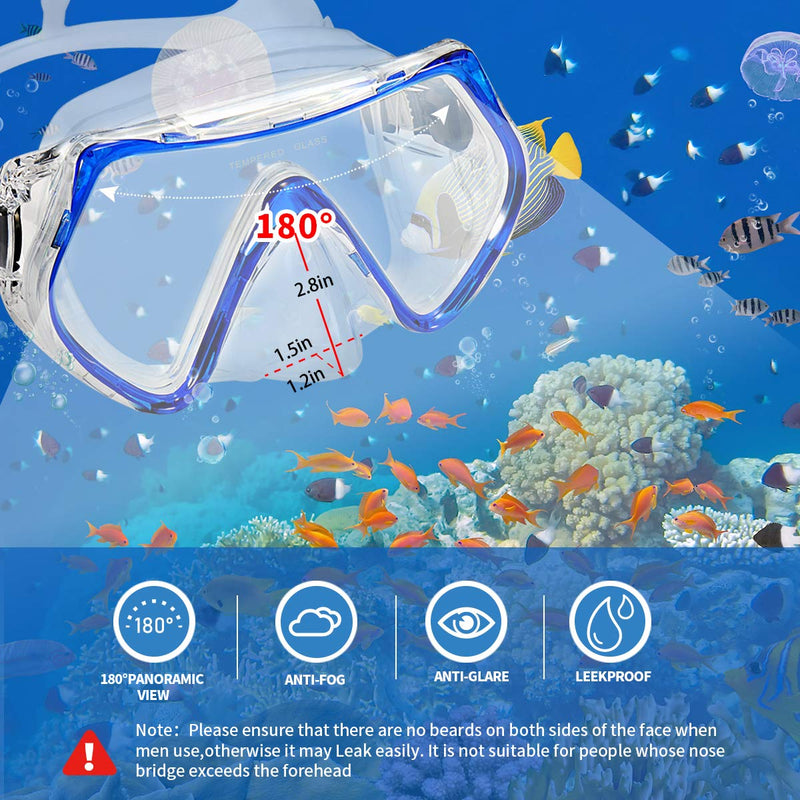 [AUSTRALIA] - Supertrip Snorkel Set Adults-Anti-Fog Film Scuba Snorkeling Diving Mask with Impact Resistant Temperred Glass|Dry Top Snorkel,2 Mouthpieces 1 Waterproof Case Included Blue-set 