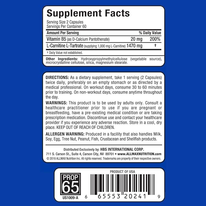 AllMax Nutrition - Large Carnitine + Tartaric Acid - 120 Vegan Cap - BeesActive Australia