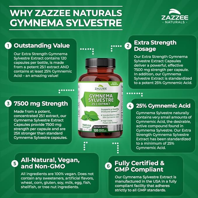 Zazzee Organic Gymnema Sylvestre 25:1 Extract, 7500 mg Strength, 25% Gymnemic Acid, 120 Vegan Capsules, Extra Strength, Non-GMO and All-Natural - BeesActive Australia
