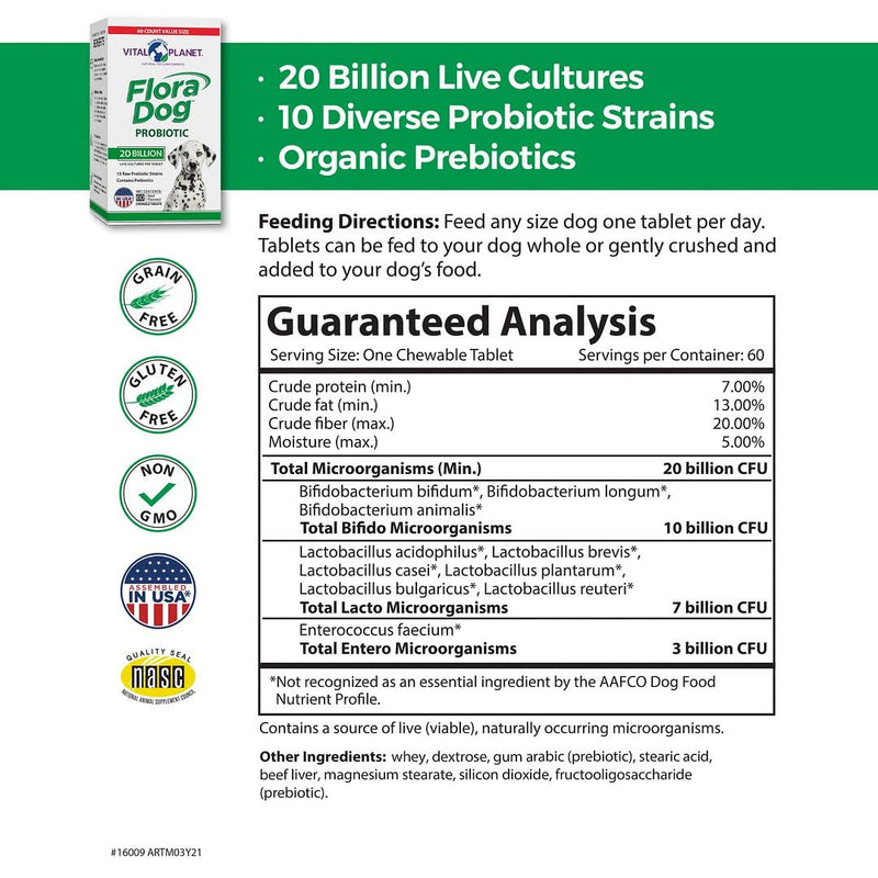 Vital Planet - Flora Dog Chewable - High Potency, Multi-Strain Probiotic Formula for Dogs 60 Chewable Tabs - BeesActive Australia