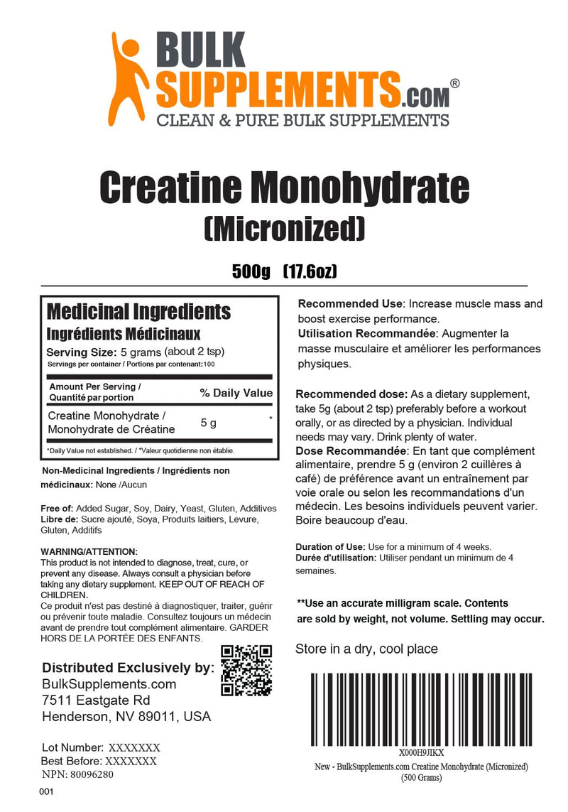 BULKSUPPLEMENTS.COM Creatine Monohydrate Powder - Creatine Pre Workout, Creatine for Building Muscle - 5g (5000mg) of Micronized Creatine Powder per Serving, Creatine Monohydrate 500g (1.1 lbs) 1.1 Pound (Pack of 1) - BeesActive Australia