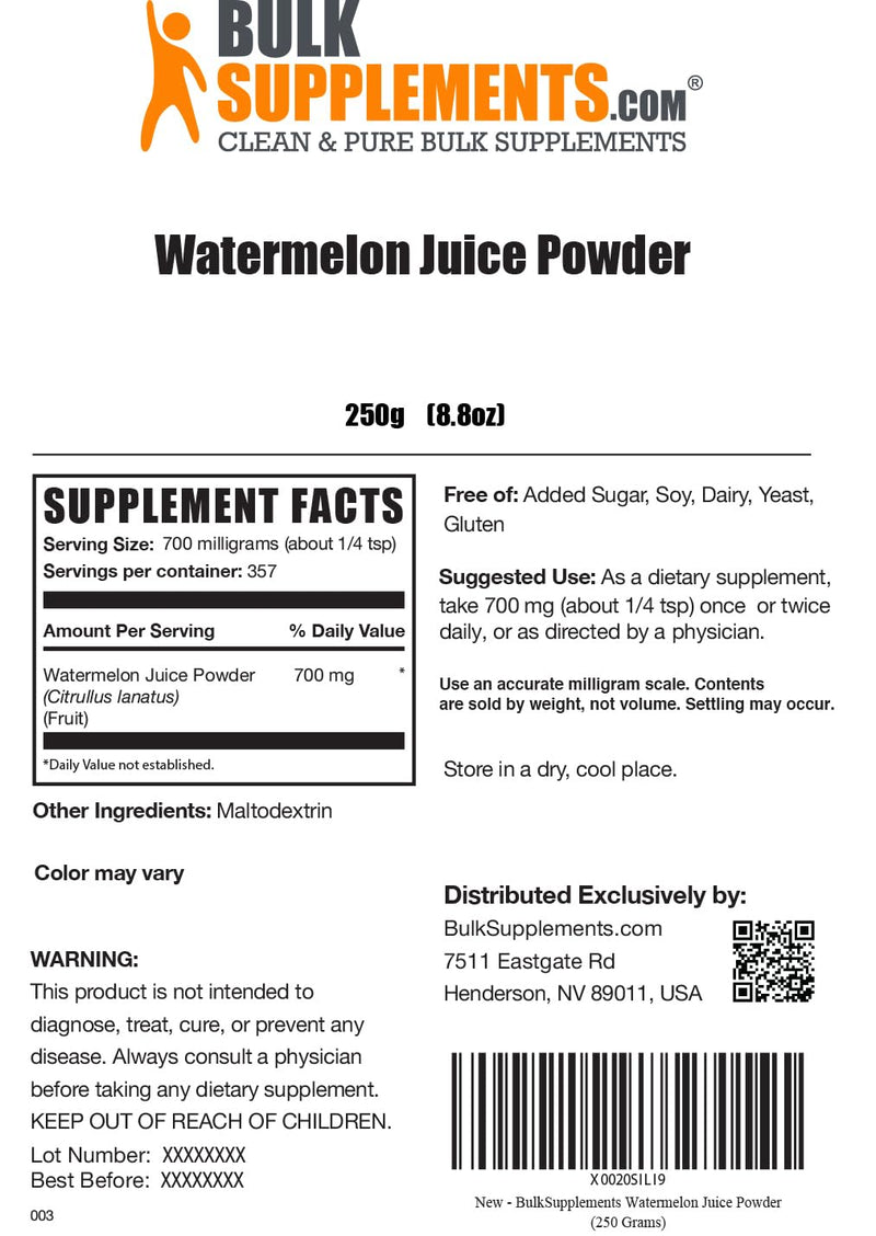 BulkSupplements.com Watermelon Juice Powder - Watermelon Electrolyte - Vegan Drink Mix - Watermelon Energy Powder - Pure Watermelon Extract (250 Grams - 8.8 Oz) 8.8 Ounce (Pack of 1) - BeesActive Australia
