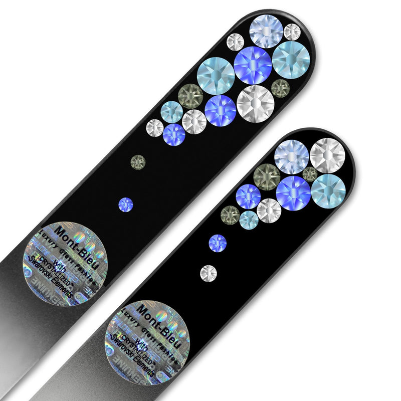 Mont Bleu Premium Set of 2 Glass Nail Files Hand Decorated with Swarovski Elements - in Black Velvet Sleeve - Genuine Czech Tempered Glass - Mothers day gifts - Fingernail File for Natural Nails Sapphire - BeesActive Australia