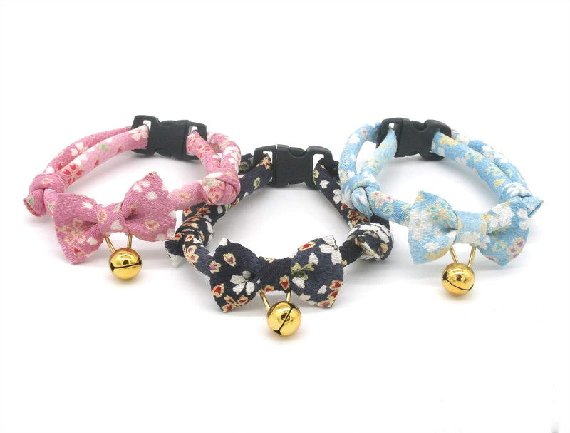PetSoKoo Bowtie Chirimen Cat Collar with Bell. Japan Flower Bow Tie Style. Safety Breakaway & Light Weight, Soft, Comfortable, Durable Standard (6-13 inch,16-32cm) Sakura Pink - BeesActive Australia
