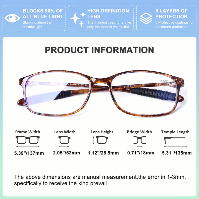 DOOViC Lightweight Reading Glasses Blue Light Blocking Flexible Tr90 Frame TR259 C5 Tortoiseshell 1.75 x - BeesActive Australia