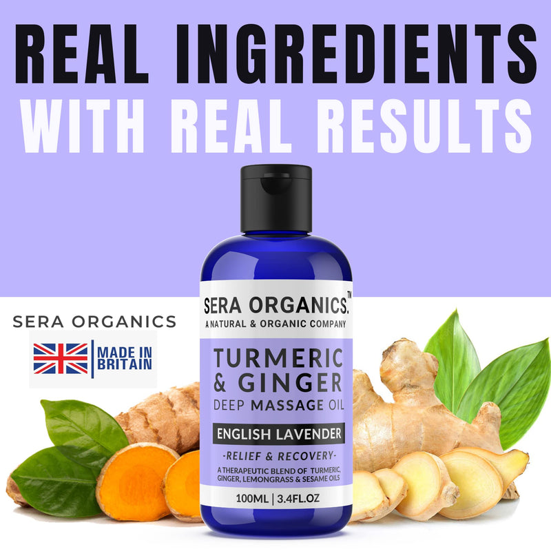 Turmeric & Ginger Massage Oil - Natural Ginger Oil Therapy For Lymphatic Drainage, Nerve, Muscle & Joint Discomfort Relief, Warming Relaxing & Soothing Massage - With Lavender (100ml) By Sera Organics 100 ml (Pack of 1) - BeesActive Australia