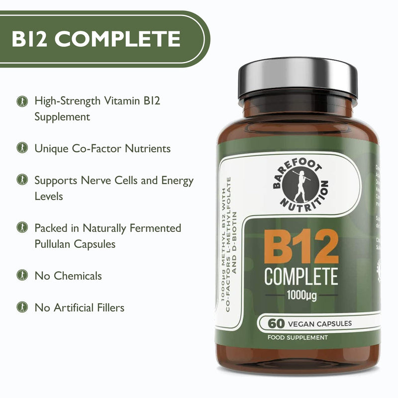 Barefoot Nutrition - B12 Complete, High Strength Supplement, Methylated B 12 (1000�g) - with Cofactors Methyl folate (400�g) & D-Biotin (400�g) - 60 x 1 A Day Vegan-Friendly Capsules - BeesActive Australia