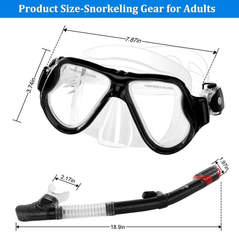 JARDIN Dry Snorkel Set, Panoramic Wide View Snorkel Mask, Anti-Fog Tempered Glass Diving Mask, Free Breathing& Easy Adjustable Strap Scuba Mask, Professional Snorkeling Gear for Adults Black - BeesActive Australia