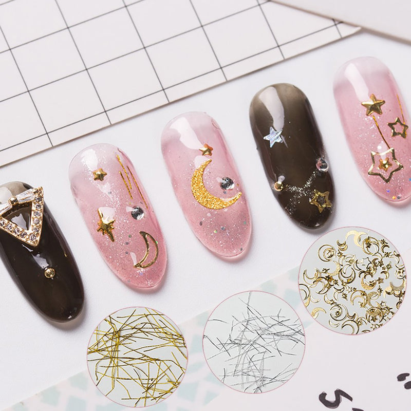 Frenshion 1 Set 3D Hollow Moon Stars Alloy Glitter Rivet Nail Stickers and Gold Silver DIY Nail Art Decoration Line Nail Art Decoration Strip Line Set Kit Perfect for Manicure Pedicure - BeesActive Australia