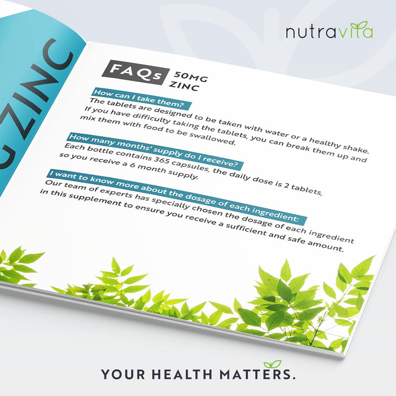 Zinc Tablets 50mg � 365 Vegan Tablets for 6 Months Supply � Zinc Supplement High Strength for Maintenance of Normal Immune System, Bones, Hair, Skin & Nails � Made in The UK by Nutravita - BeesActive Australia