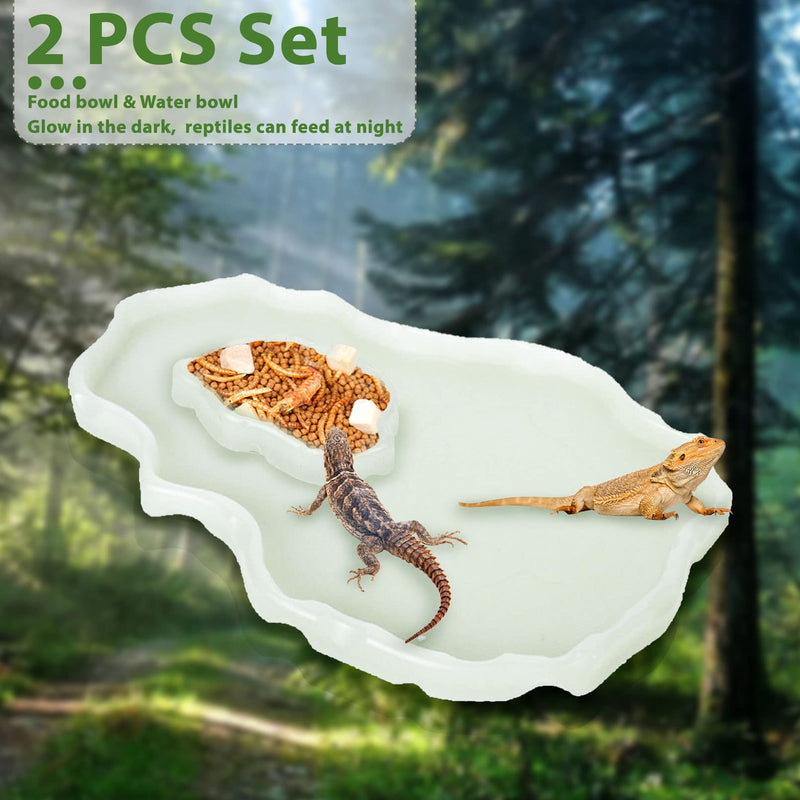Tfwadmx Reptile Food and Water Bowl Set Luminous Bearded Dragon Dishes Tortoise Feeder Lizard Habitat Large and Small Amphibian Feeding Plates Terrarium DéCor for Turtle Gecko Snake Tegu Iguana 2 Pcs White - BeesActive Australia