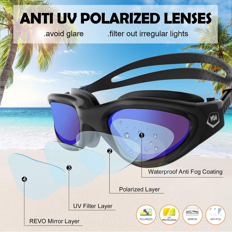 Polarized Swimming Goggles Swim Goggles Anti Fog Anti UV No Leakage Clear Vision for Men Women Adults Teenagers All Black/Blue Polarized Mirrored Lens - BeesActive Australia