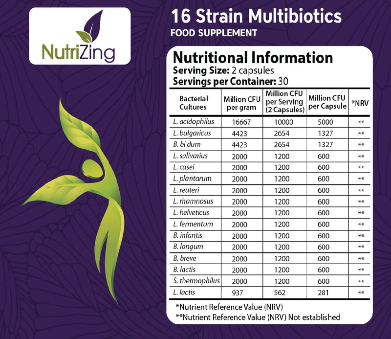 BioCultures Complex - 16 Live Strains with 30 Billion CFU/Serving Source Powder - Vegan Time Release Capsules. With Lactobacillus Acidophilus and Bifidobacterium - Made in UK by Nutrizing - BeesActive Australia