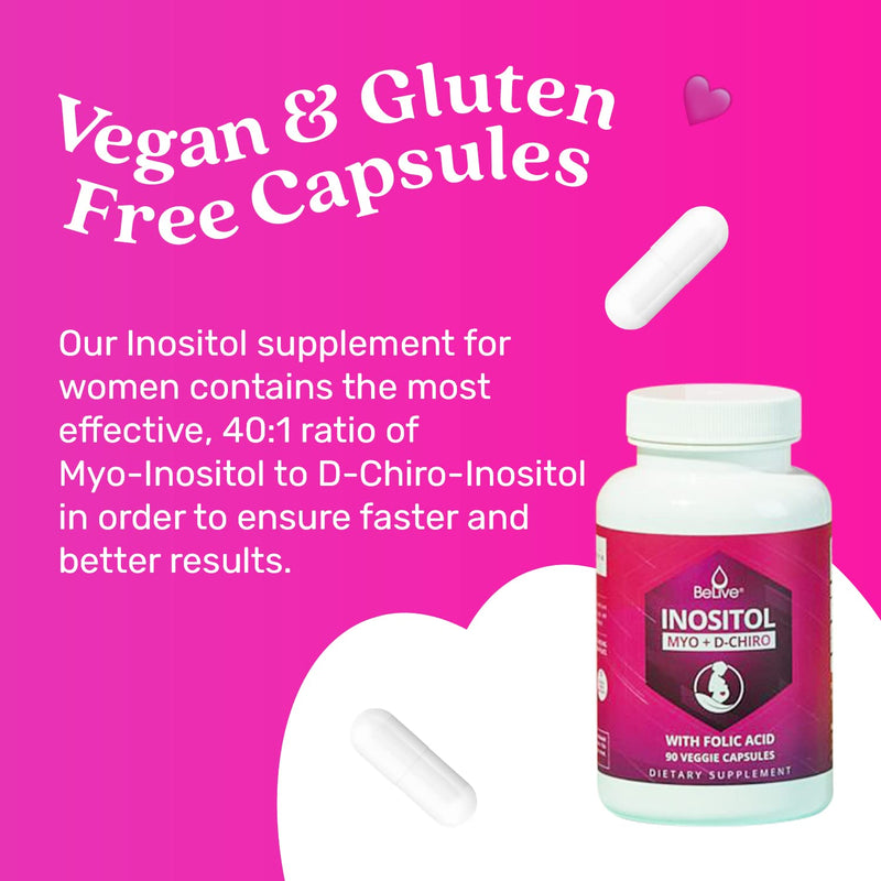 Myo-Inositol & D-Chiro Inositol Capsules with Folic Acid for PCOS | Prenatal Fertility Supplements for Women | Vitamin B8 | Improves Hormonal Balance & Supports Ovarian Function | 40 to 1 (90 Count) - BeesActive Australia