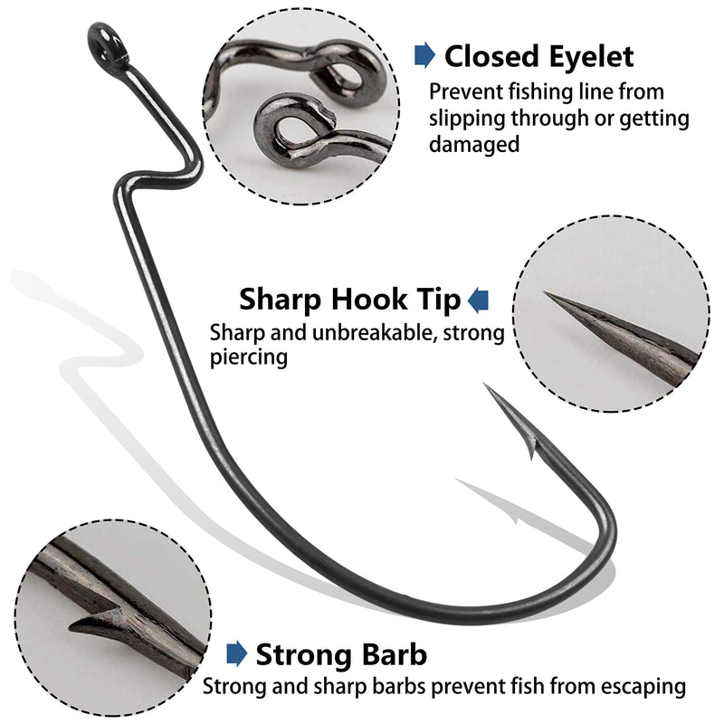Offset Bass Fishing Hooks, 100pcs Wide Gap Worm Hooks 3X High Carbon Steel Bait Jig Fish Hooks for Bass Trout Saltwater Freshwater 100pcs-3/0 - BeesActive Australia