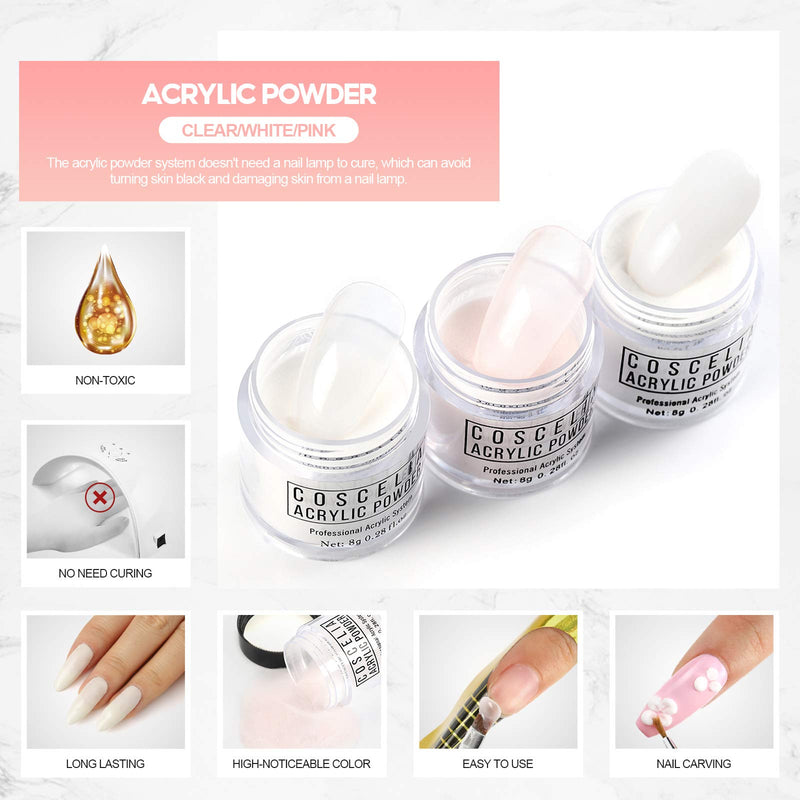 Coscelia Acrylic Nail Kit White Pink Clear Acrylic Powder and Liquid Set Professional Acrylic Brush Nail Forms for Acrylic Nails Extension Starter Kit a - BeesActive Australia