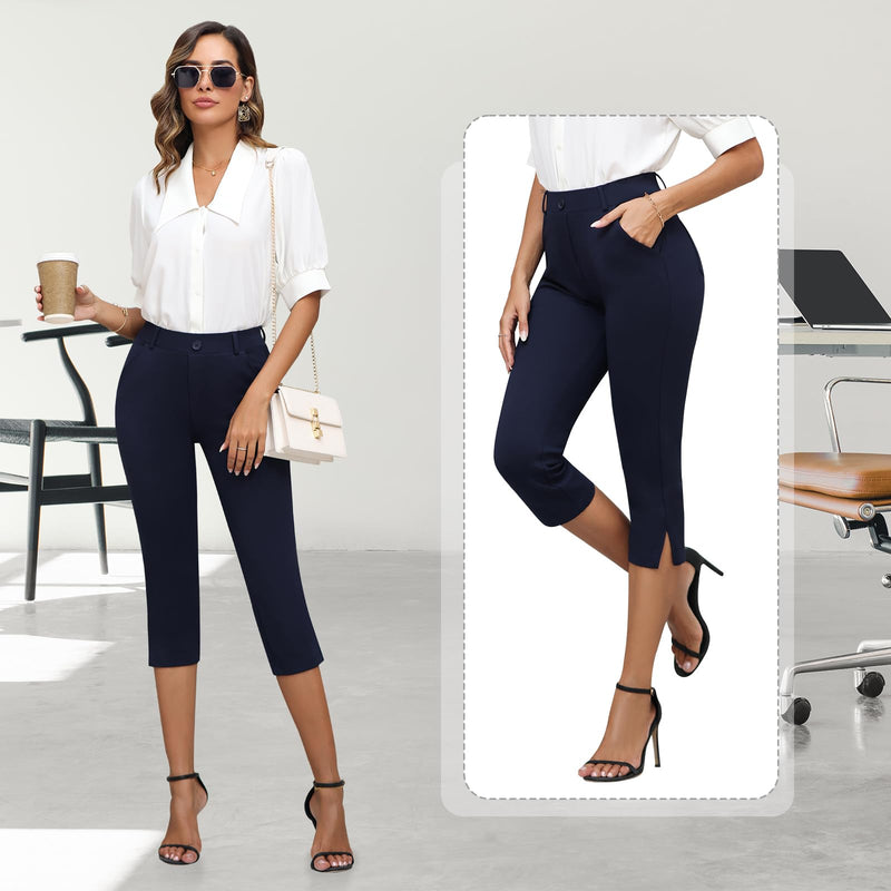 Aleture Women's Pull on Capri Dressy Office Pants, Stretch Yoga Pants Work Capri Slacks Pants Business Casual 21.5" 4 Navy - BeesActive Australia