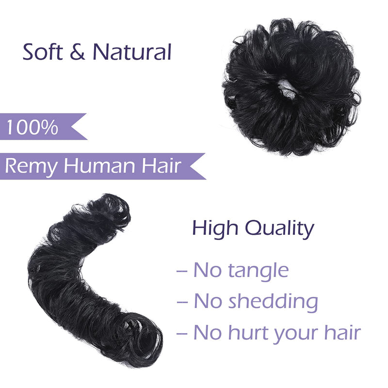 Messy Hair Scrunchies Wrap Bun Extensions Real Human Hair Curly Wavy Pieces For Women Updo Ponytail Hair #01 Jet Black - BeesActive Australia