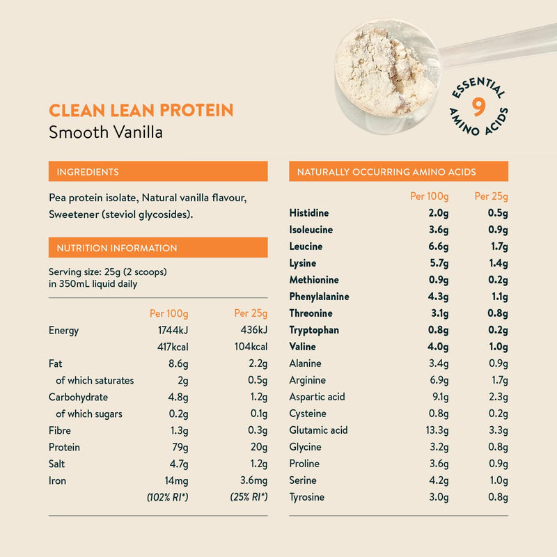 Nuzest - Pea Protein Powder - Clean Lean Protein - Smooth Vanilla - Vegan Protein Shake - Plant-Based Low Calorie & Low Carb - Lactose Free - Gluten Free - Dairy Free - 250g (10 Serving) - BeesActive Australia