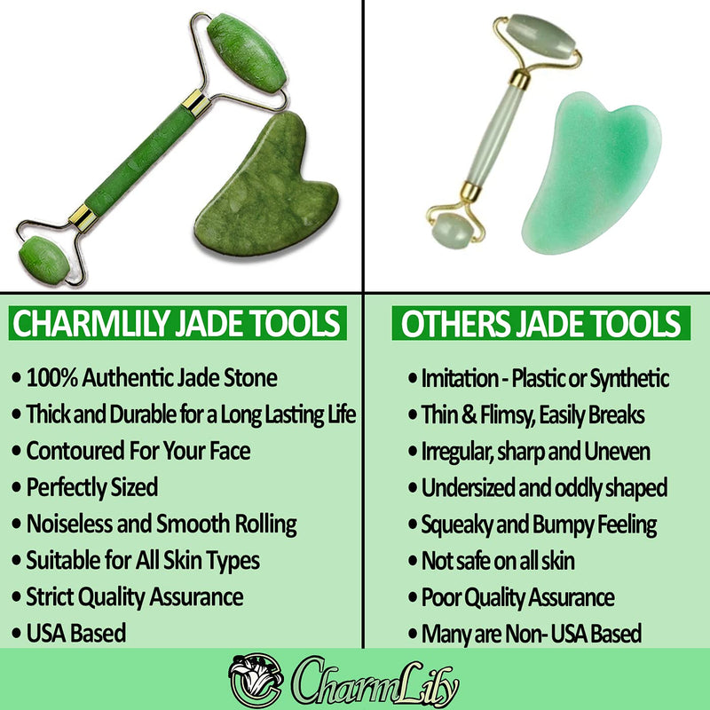 Jade & Ice Roller + Gua Sha Massager Tool Set for Face & Eyes by Charmlily, Puffiness, Reduce Wrinkle Aging, Migraine, Pain Relief on Neck & Body, Cold Facial Original Natural Stone - 3 in 1 (Jade) Jade - BeesActive Australia