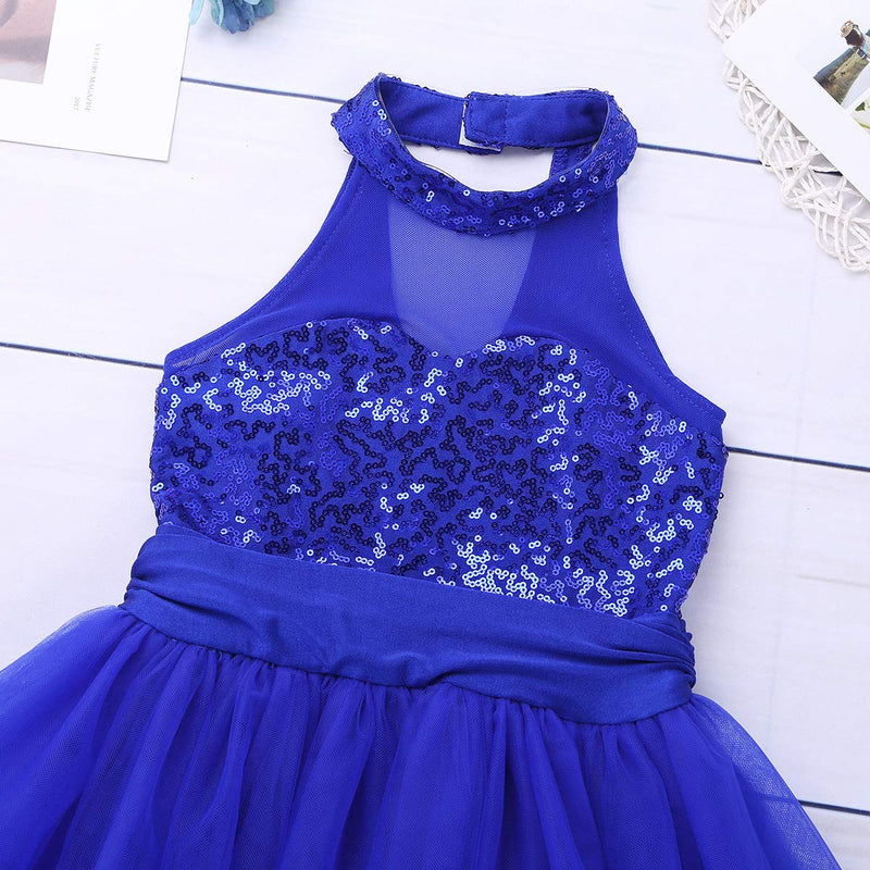 [AUSTRALIA] - JEATHA Kids Girls Shiny Sequins Sleeveless Mock Neck Ballet Dance Ice Roller Skating Dress Dancewear Keyhole Cutout Back Blue 8 / 10 