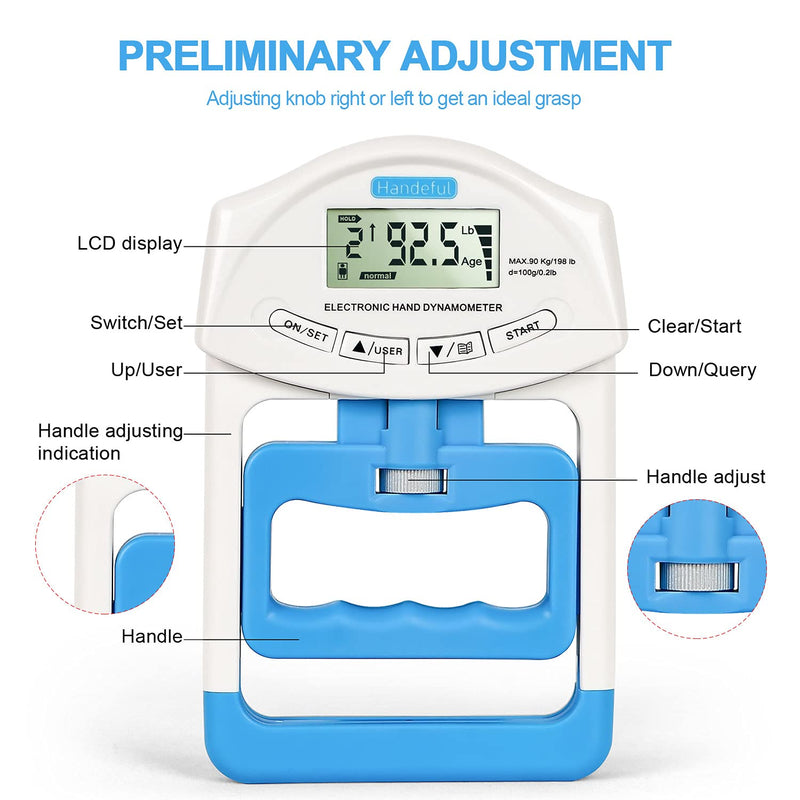 Handeful Digital Hand Dynamometer Grip Strength Measurement Meter Auto Capturing Electronic Hand Grip Power 198Lbs / 90Kgs Blue - BeesActive Australia