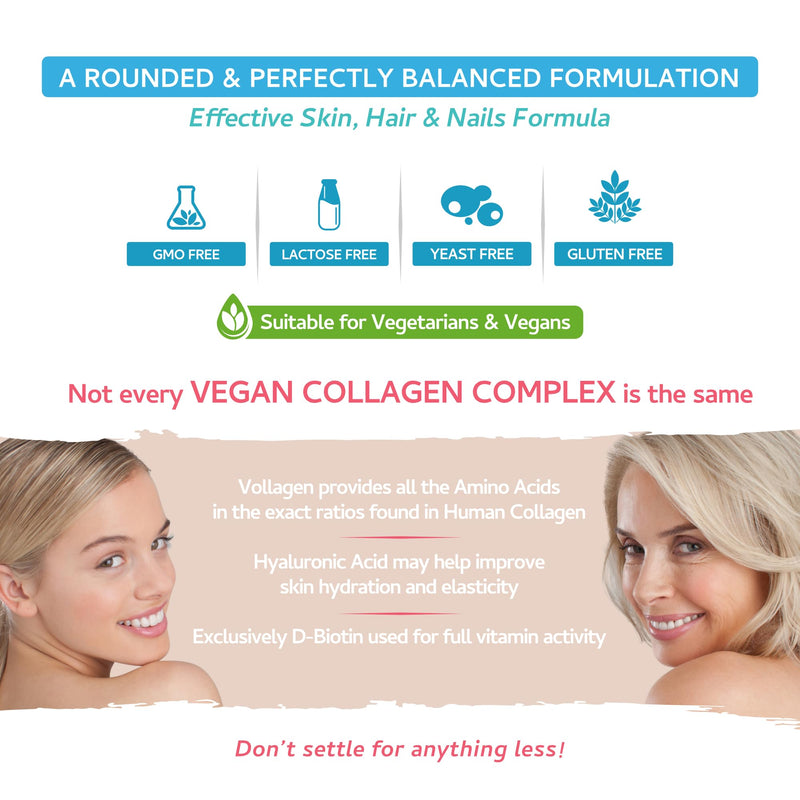 Vegan Collagen & Hyaluronic Acid Complex - 60 Capsules - Effective Skin, Hair & Nails Formula with 500mg of Vollagen in the exact Amino ratios of Human Collagen - added D-Biotin, Seaweed, Vitamins E&C - BeesActive Australia