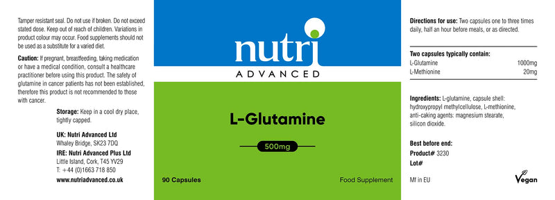 Nutri Advanced - L-Glutamine 500mg 90 Capsules - Support Muscle Function and Gut Health - High Strength Amino Acid - BeesActive Australia