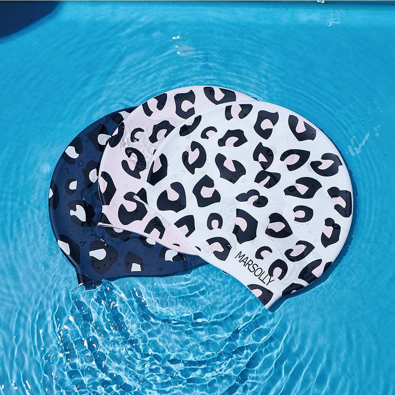 Marsolly Swim Cap Women, Silicone Swimming Cap for Long Hair with Leopard Printed White - BeesActive Australia